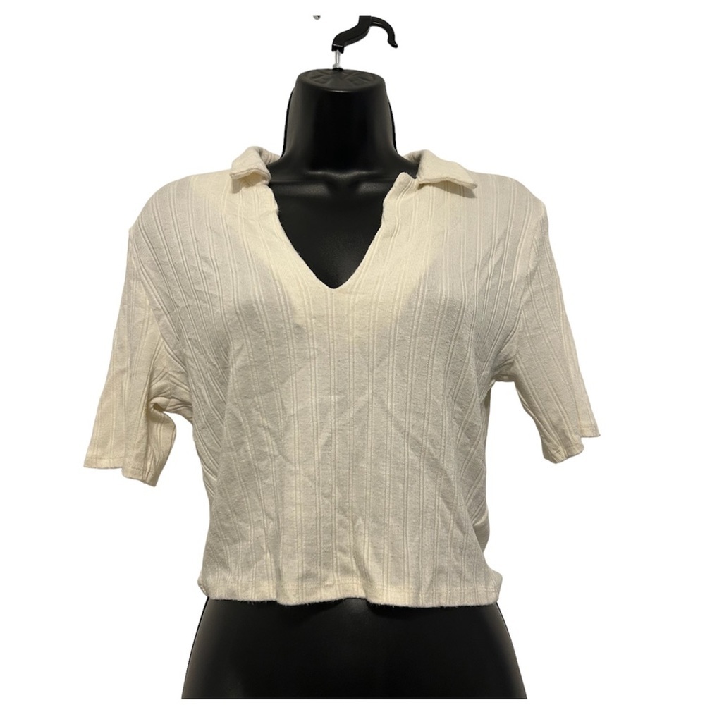 GB Fashion Cream White V Neck Collared Ribbed Short Sleeve T-Shirt
